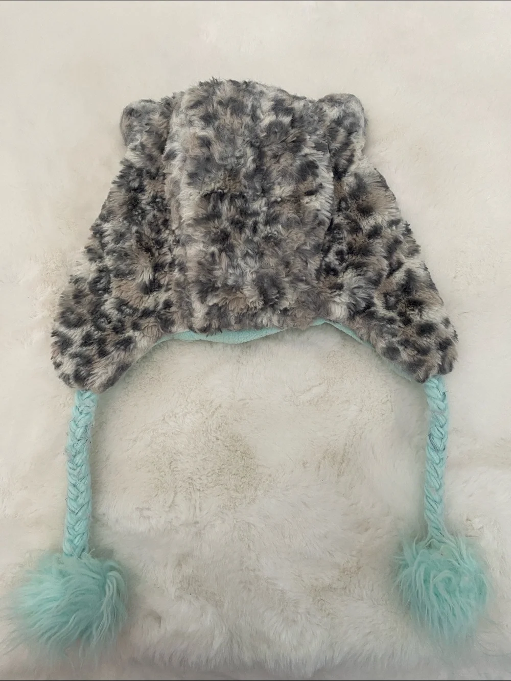 Justice Faux Fur Animal Ear Hat with Aqua Lining and Glitter 'K'